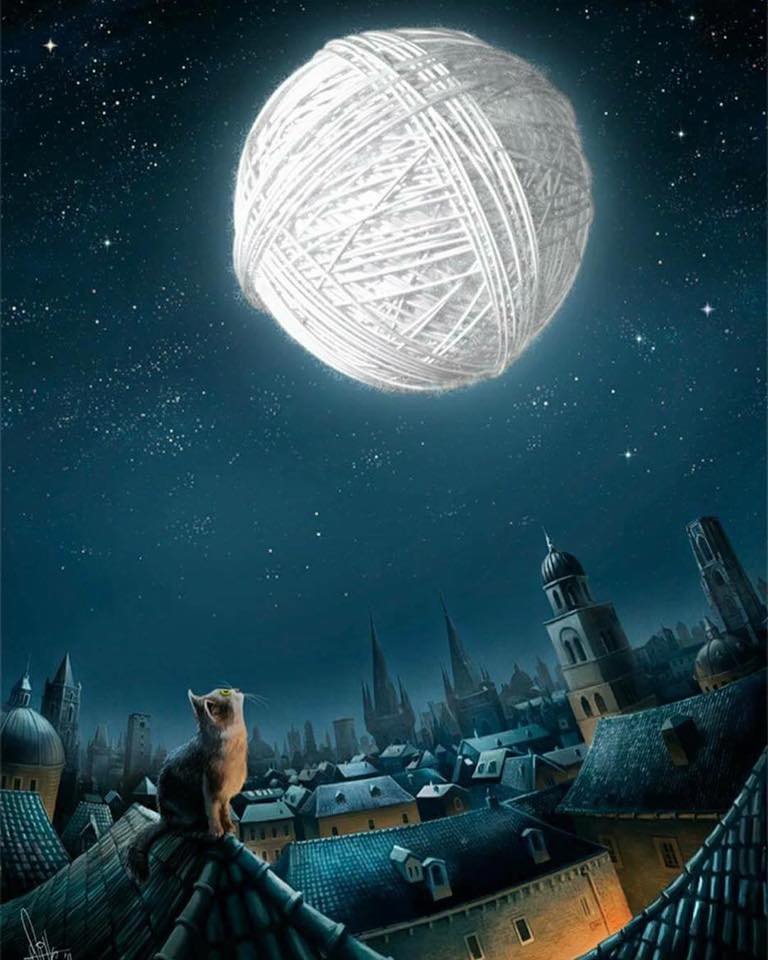 Кот на крыше смотрит на Луну — клубок ниток
