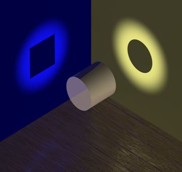 Цилиндр, отбрасывающий тени в виде квадрата и круга на разные стены